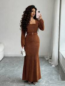 Elenzga Elegantes, sexy glitzerndes Kleid mit quadratischem Ausschnitt, Langarm, Gürtel und Meerjungfrau-Silhouette, schmeichelhaft für Party, Date, Herbst/Winter/Frühling