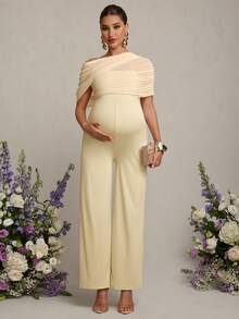 MaterniChic Pregnant Women's Elegant Contrast Mesh Ruffle Jumpsuit, Summer - White - View 4