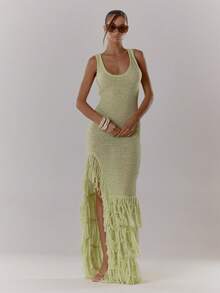 MUSERA 圆领针织流苏开衩长裙，性感夏季伊比沙岛度假可爱度假婚礼宾客秋季婚礼宾客优雅生日教堂之夜秋冬季派对长裙 - 綠色 - 查看 5