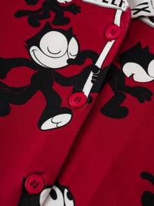 SHEIN Felix The Cat Tween Girl Cartoon Print Button Front Short Sleeve Top And Pants Pajama Set, Summer - Red - View 6