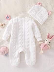 Conjunto para recém-nascido com body de manga comprida, pezinho e gorro em algodão jacquard xadrez com textura de coração e estampa 3D de coelho. - Branco - Ver 2