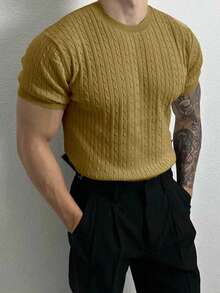 Manfinity Homme Áo thun nam tay ngắn dệt kim màu trơn thời trang thường ngày - Màu Mù tạt vàng - Xem 3