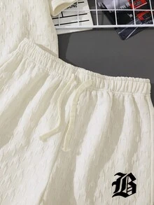 SHEIN White Teen Boys Letter Pattern Round Neck Half Sleeve Tee And Drawstring Track Shorts Set Everyday Casual Polyester Outfit - White - View 7