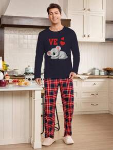 CoupledUp Couple 1set Casual Cute Koala Animal Print Plaid Long Sleeve Pajama Set, Autumn Loungewear, Winter Clothes Couples Matching Pajamas Set 2 Piece Pj Set Cute Pjs Set Couple Pajama Sleep Wear Set - Multicolor - View 4