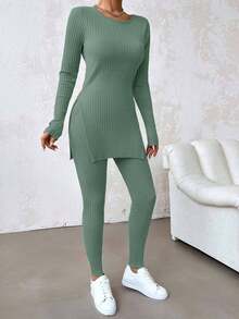 EURMUSE Bộ áo thun nữ bằng cotton màu trơn cổ tròn, gấu áo xẻ tà, gồm áo thun và quần bó sát. - Màu xanh Bạc hà - Xem 4