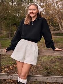 Cloudara 100% Cotton Collar With Zipper Pattern Oversize Sweatshirt - Black - View 2
