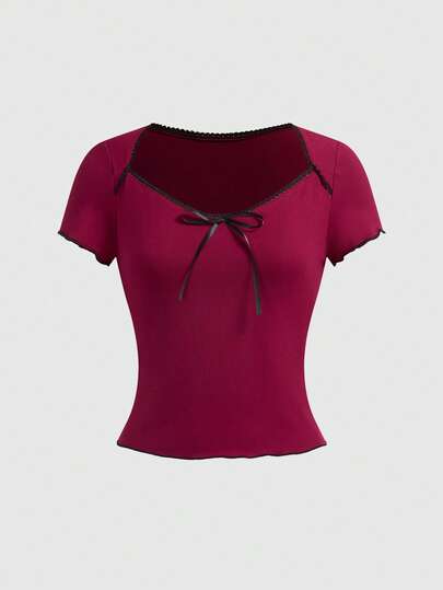 Kawaii Camiseta de moda con cuello de corazón y manga corta con decoración de lazo para mujer