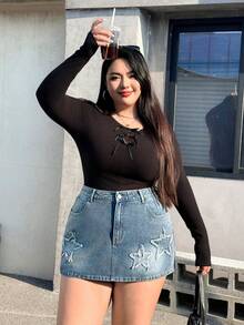 SHEIN ICON Váy ngắn denim dáng rộng thời trang mùa hè cỡ lớn, phối họa tiết ngôi sao, túi lệch vai. - Màu xanh bụi bặm - Xem 5
