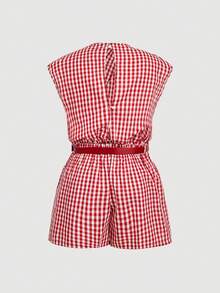 SHEIN MOD 加大码夏季休闲格子连体衣 - 紅白色 - 查看 4