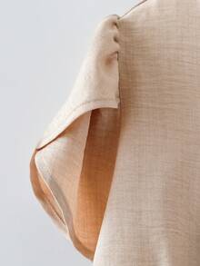 Linhara 大码女式梭织常规早春休闲/工作V领纽扣卡其色短袖衬衫和黑色阔腿裤两件套 - 彩色 - 查看 6