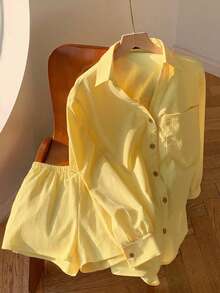 Tween Girls French Casual Style Girls Lemon Yellow Textured Shirt & Shorts Set, Loose Fit Sunscreen Jacket, Beach Vacation Outfit - Yellow - View 1