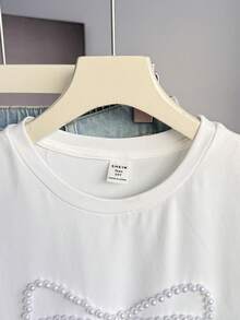 SHEIN 少女珍珠串珠蝴蝶结圆领休闲T恤 - 白色 - 查看 4
