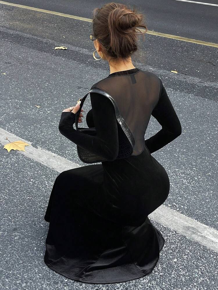 Mid-Length Backless Mesh Patchwork Dress For Women Y2k