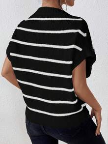 SHEIN LUNE Áo len dệt kim dáng rộng tay cánh dơi kẻ sọc tương phản, phong cách thường ngày. - màu đen - Xem 2