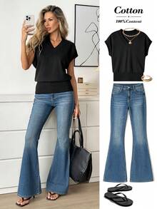 Easowa 女士休闲纯色V领蝙蝠袖T恤，夏季