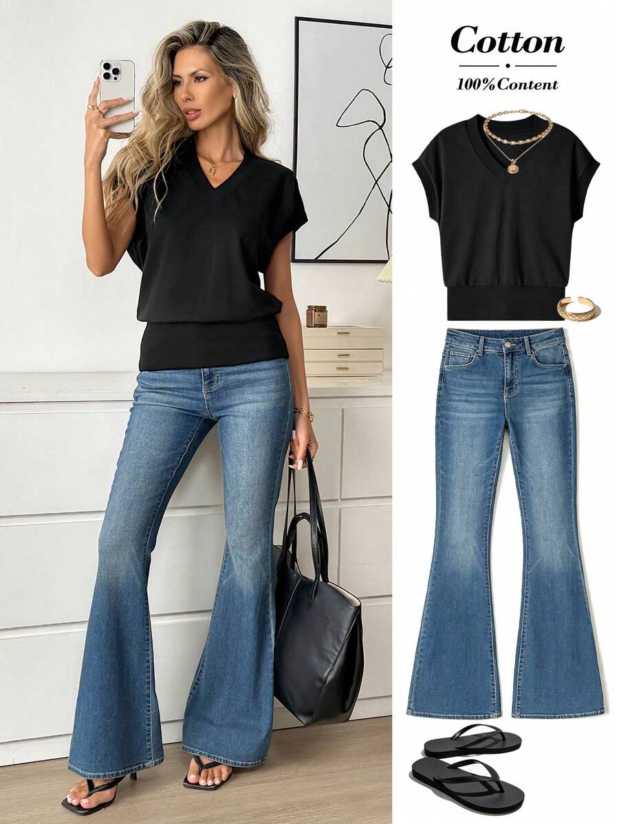 Easowa 女士休闲纯色V领蝙蝠袖T恤，夏季