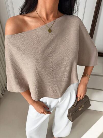 EURMUSE Poncho Top, Asymmetric Hemline, One-Shoulder Design, Lightweight Fabric, Relaxed Fit Silhouette, Minimalist Chic Style, Timeless Neutral Tone, Effortless Elegant Look