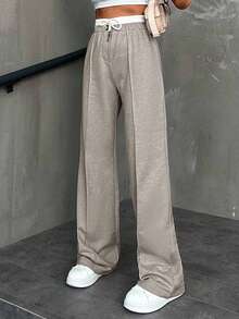 EURMUSE Cotton Women CottnLine Drawstring Waist Front Button Pants - Beige - View 3