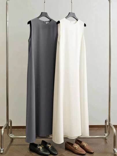 Al Najma 女士纯色圆领无袖宽松休闲简约阿拉伯风格连衣裙