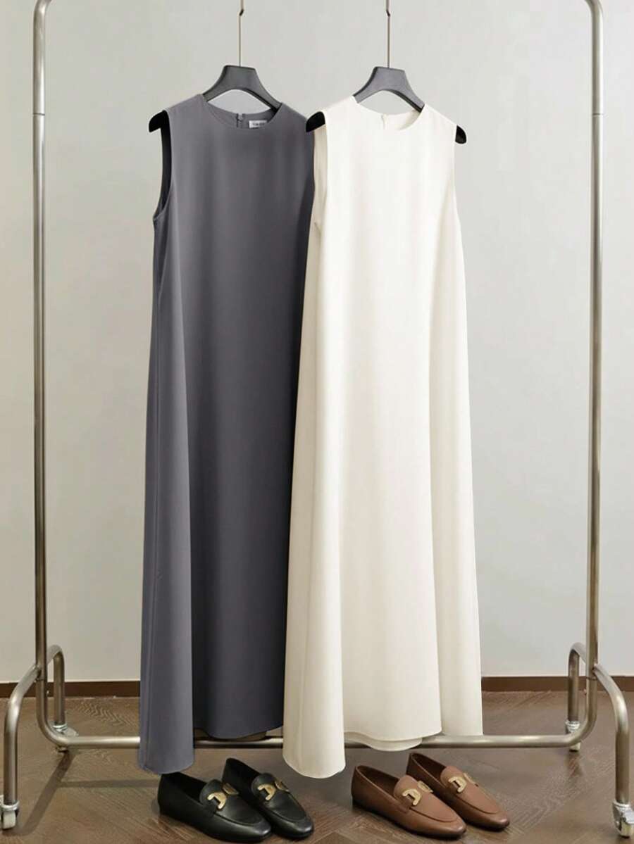 Al Najma Đầm nữ màu trơn cổ tròn không tay dáng rộng phong cách Ả Rập tối giản thường ngày. - Nhiều màu - Xem 1