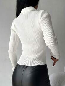 EURMUSE Drawstring Front Ribbed Knit Sweater - White - View 2