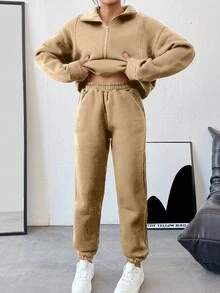 EURMUSE Half Zipper Drop Shoulder Sweatshirt Set With Jogger Pants,Winter,Fleeze - Camel - View 4
