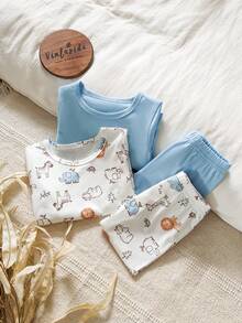SHEIN Vintaside Kids طقم تي شيرت وبنطلون مطبوع بطبعات حيوانات كرتونية للأطفال الصبيان - بني فاتح - مشاهدة 1