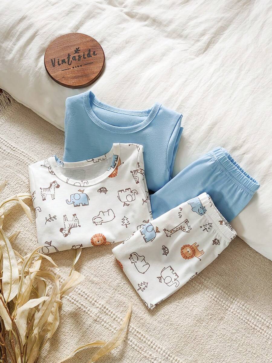 SHEIN Vintaside Kids طقم تي شيرت وبنطلون مطبوع بطبعات حيوانات كرتونية للأطفال الصبيان - بني فاتح - مشاهدة 1