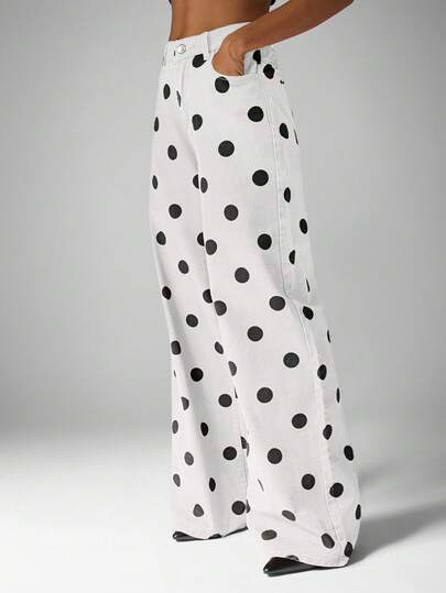 MISSGUIDED Wide Leg High Waisted Polka Dot Jeans For Women Retro Vintage Style Denim Pants Casual Streetwear Fashion