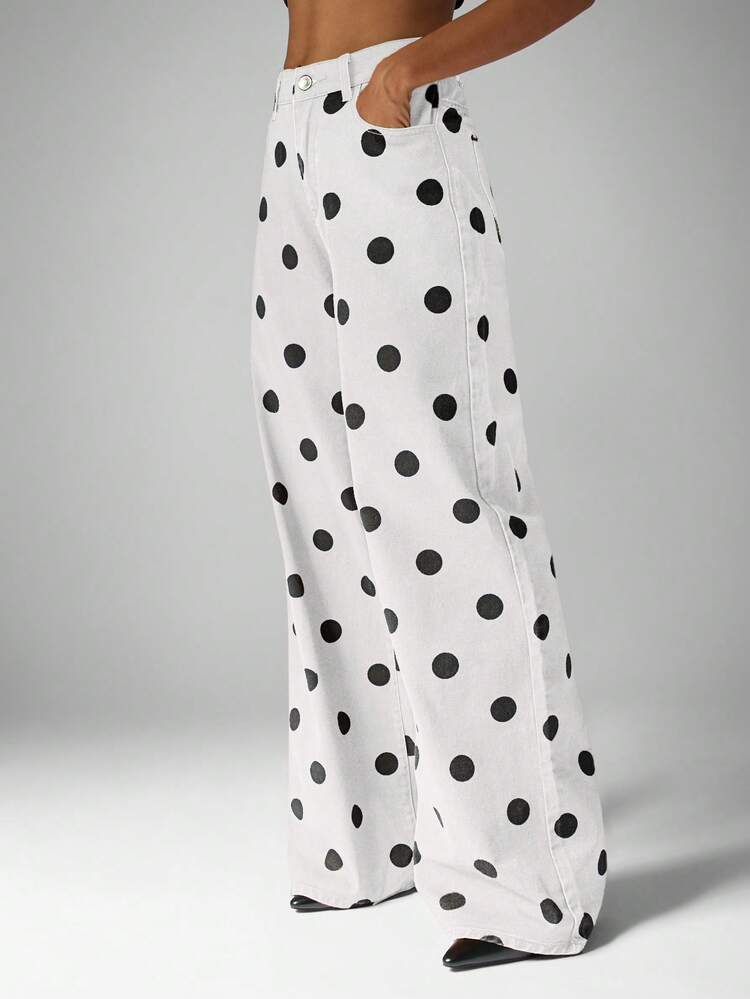 MISSGUIDED Weite Bein High Waist Polka Dot Jeans für Frauen, Retro Vintage Stil Denimhose, Lässig Streetwear Mode