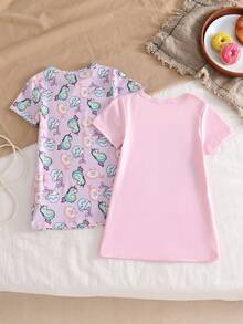 Set Piyama Baju Tidur Panjang Lengan Pendek Motif Bunga Manis untuk Bayi Perempuan, Ungu & Merah Muda - MultiWarna - View 2