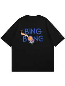 Versatile Baggy Short Sleeve T-Shirt With Fun Basketball Print, Ideal For Vacation, Work And Use - Black 12 - View 3