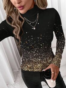 SHEIN Clasi 休闲复古优雅通勤百搭保暖新年仿闪光黑金印花图案，舒适保暖女士修身长袖高领打底衫，适合秋冬季穿着 - 彩色 - 查看 3