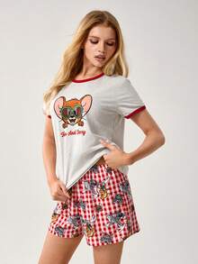 TOM & JERRY X SHEIN 女士可爱卡通印花短袖圆领上衣和格子短裤睡衣套装，夏季 - 淺灰色 - 查看 7