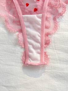 PetitDoll Women's Sexy Heart Flocked Lace Trim Thong Panties