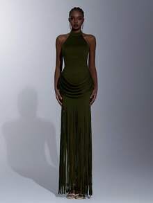 Elitara Elegant, Simple, And Stylish Military Green Stretch Knit Dress With Tassel Embellishments, Stand-Up Collar, Open Back, And Pleated Detailing At The Abdomen. Long Style, Suitable For Weddings, Formal Occasions, And Bridesmaid Dresses.,Wedding Party Dress - Army Green - View 3