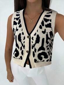 Aloruh Women's Spring/Summer Casual Leopard Print Jacquard Knit Vest Top - Apricot - View 6
