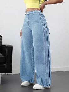 SHEIN Tall 女士休闲宽松系带牛仔裤，蓝色 - 淺色水洗藍 - 查看 9