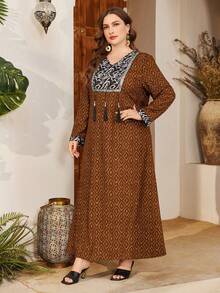Al Najma Elegant V-Neck Floral Print Fringe Patchwork Plus Size Traditional Long Tunic Kaftan Jalabiya Dress - Rust Brown - View 6