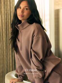 GLOWMODE 日常休闲抓绒宽松及臀长袖半拉链卫衣，带侧袋，适合秋冬季穿着 - Warm Clay - 查看 3