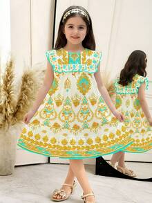 SHEIN Young Girl Floral Print Patchwork Ruffle Hem Casual Minimalist Dress, Suitable For Spring/Summer - Multicolor - View 5