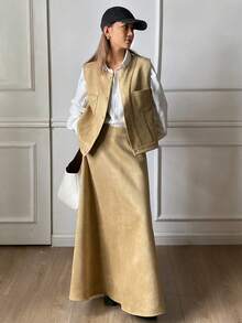 Livesso 女士休闲无袖上衣和裙子两件套 - 卡其色 - 查看 1