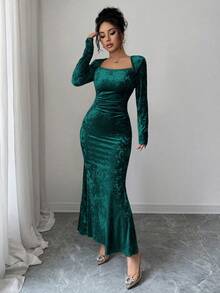 Elenzga 女士高领丝绒金色弹力针织修身连衣裙，优雅法式褶皱腰身鱼尾裙摆，适合工作、约会、派对等场合，长袖，及踝长度，秋冬季款 - 墨綠色 - 查看 6