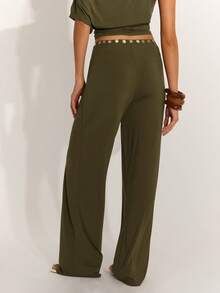 SHEIN BAE Women's Army Green Everyday Casual Comfort Knitted Button-Decorated Straight Leg Pants. Suitable For Casual Wear, Commuting, Beachwear, Vacations, Summer, Spring Break, And More, Going Out, Beach For Women - Army Green - View 2