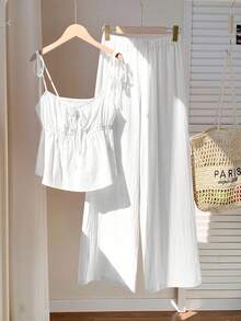 Comfortcana Woven White Linen Tank Top And Pants Set - White - View 5