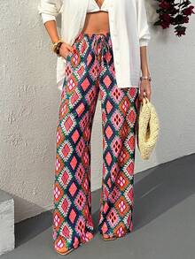 EURMUSE Women Printed Detailed Drawstring Wide Leg Pants - Multicolor - View 5