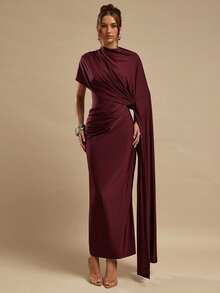 SHEIN BAE Elegant Sleeveless Wrap Dress, Solid Deep Wine Red, Fitted Ruched, Spring/Summer - Burgundy - View 8