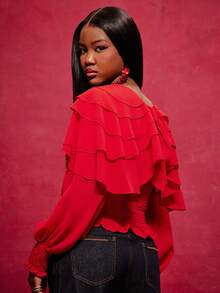 NYA SZN Langarm V-Ausschnitt Rüschen Schulter Detail figurbetonte rote Bluse, ideal für Frühlingspause, Reisen, Alltag, Lässig-Dates, Veranstaltungen, elegant - Rot - Übersicht 2