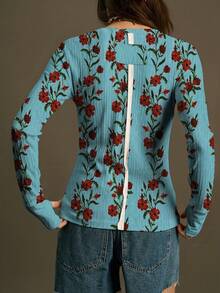 SoleilVie Áo thun dài tay cổ tròn in hoa mới mùa xuân hè, kiểu dáng retro, vintage, đa năng, phù hợp mặc đi làm, chất liệu mềm mại, thân thiện với da, thích hợp mặc ngoài trời, áo thun nữ màu đỏ mới, áo thun in hình Valentine - Màu xanh lam - Xem 2