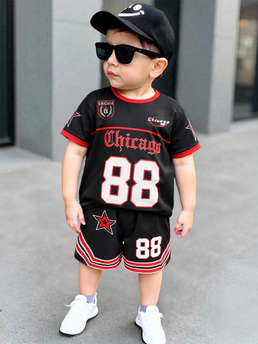 2pcs/Set Young Boy Casual Baseball Sports Style,Number 88,Gothic Chicago Text,Star Graphic Print Short Sleeve T-Shirt And Shorts Set,Summer Clothes